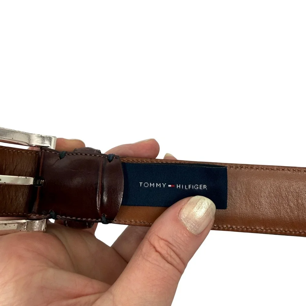 Tommy Hilfiger Mens Burgundy Brown‎ Croc Embossed Leather Belt Size 42 105cm